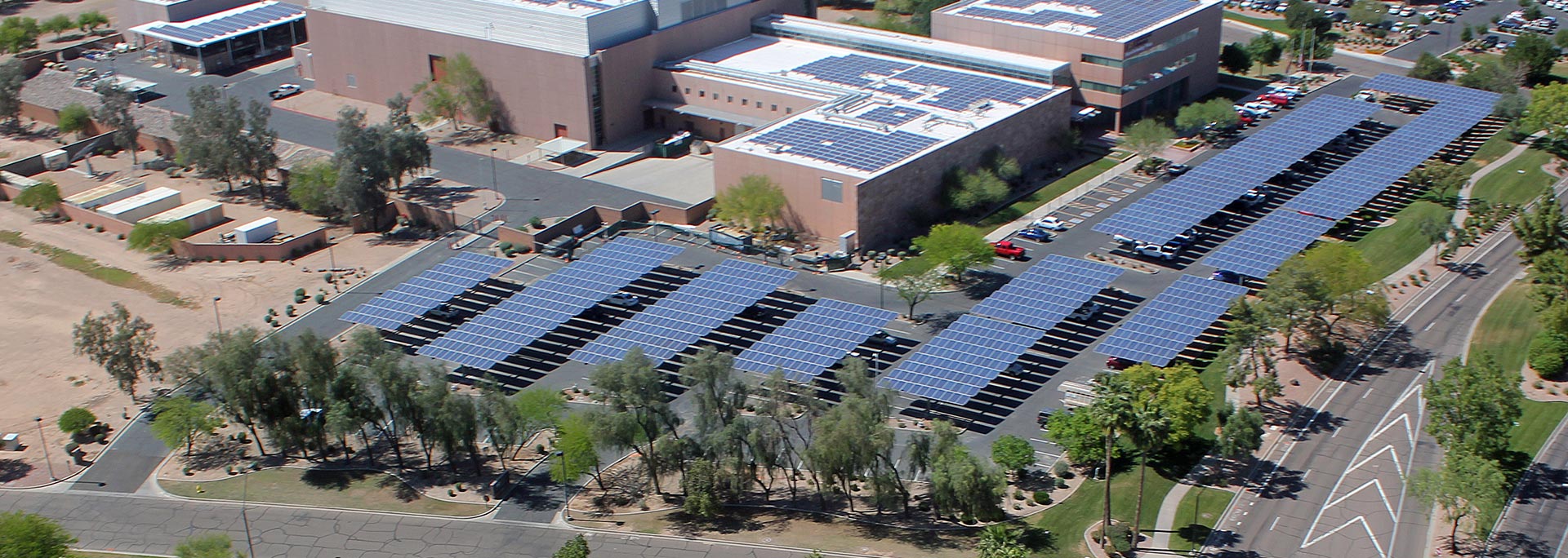 Aerial view of solar panels as covered parking